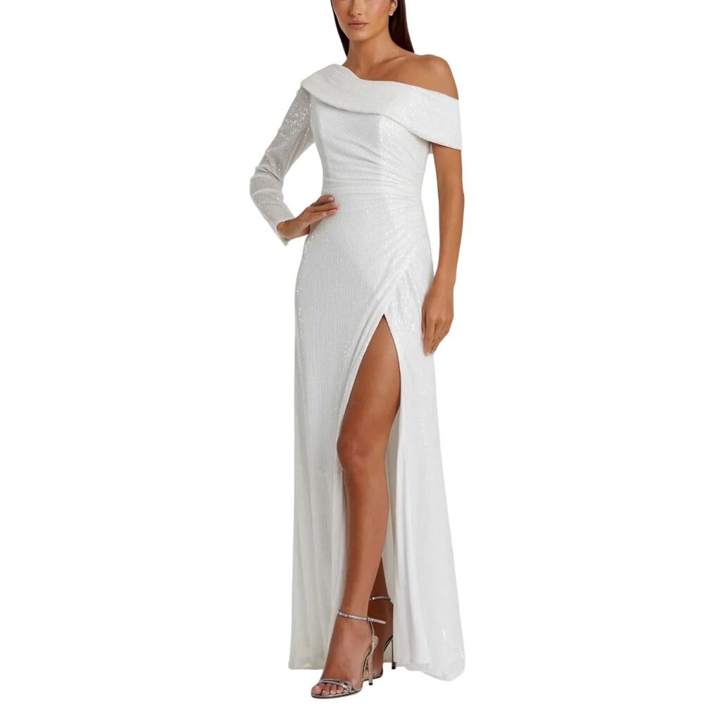 Mac Duggal 26571 White Evening Gown Sequined One Shoulder A-Line Dress Size 8